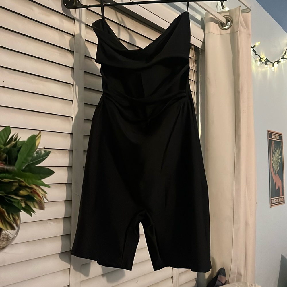 FOREVER 21 black jersey / spandex strapless romper with strappy front cutout